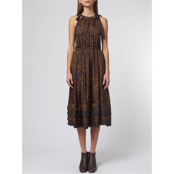 NEW ULLA JOHNSON Mika Dress in Hemlock Midi Size 8 Patterned Shoulder Tie Dress - Picture 1 of 16